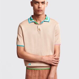 Men's Beige Polo Shirt with Blue and Pink Trim